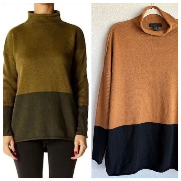 Tahari Women's Color Block Funnel Neck Long Sleeve Sweater in Camel & Black 2X - Picture 1 of 10